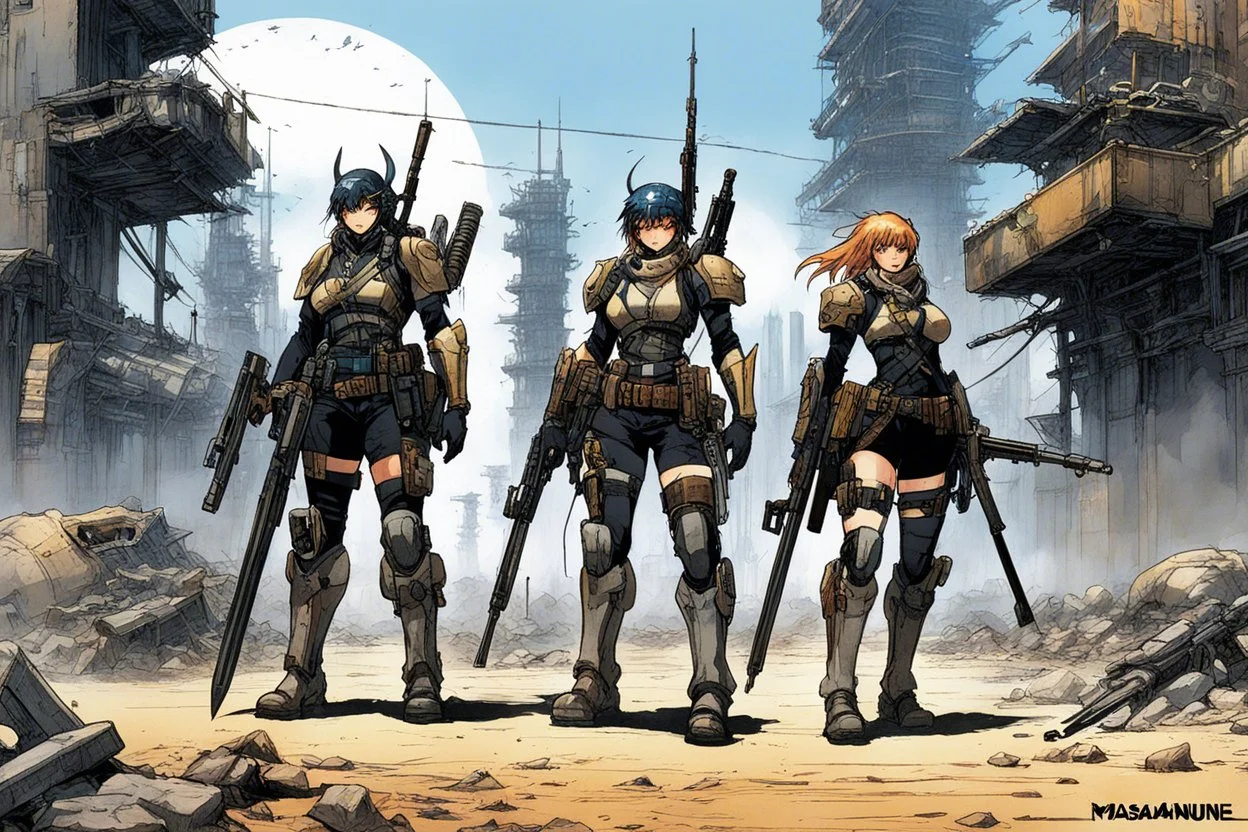haiku by masamune shirow: post-apocalyptic desolated city. Three bioroids: death, dust, and rust. Carrying rifles, blades, clubs, missiles.