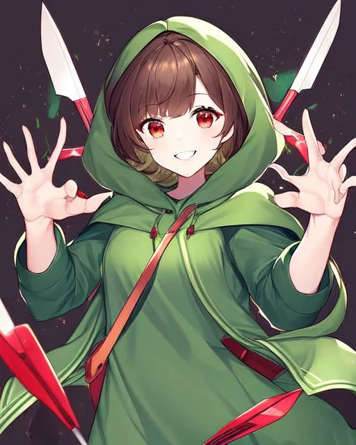 A character with short brown hair, red eyes who wears a green blouse open with its hood, holds a bright red knife, smiles madly, dark background Very dark and HQ Manga.