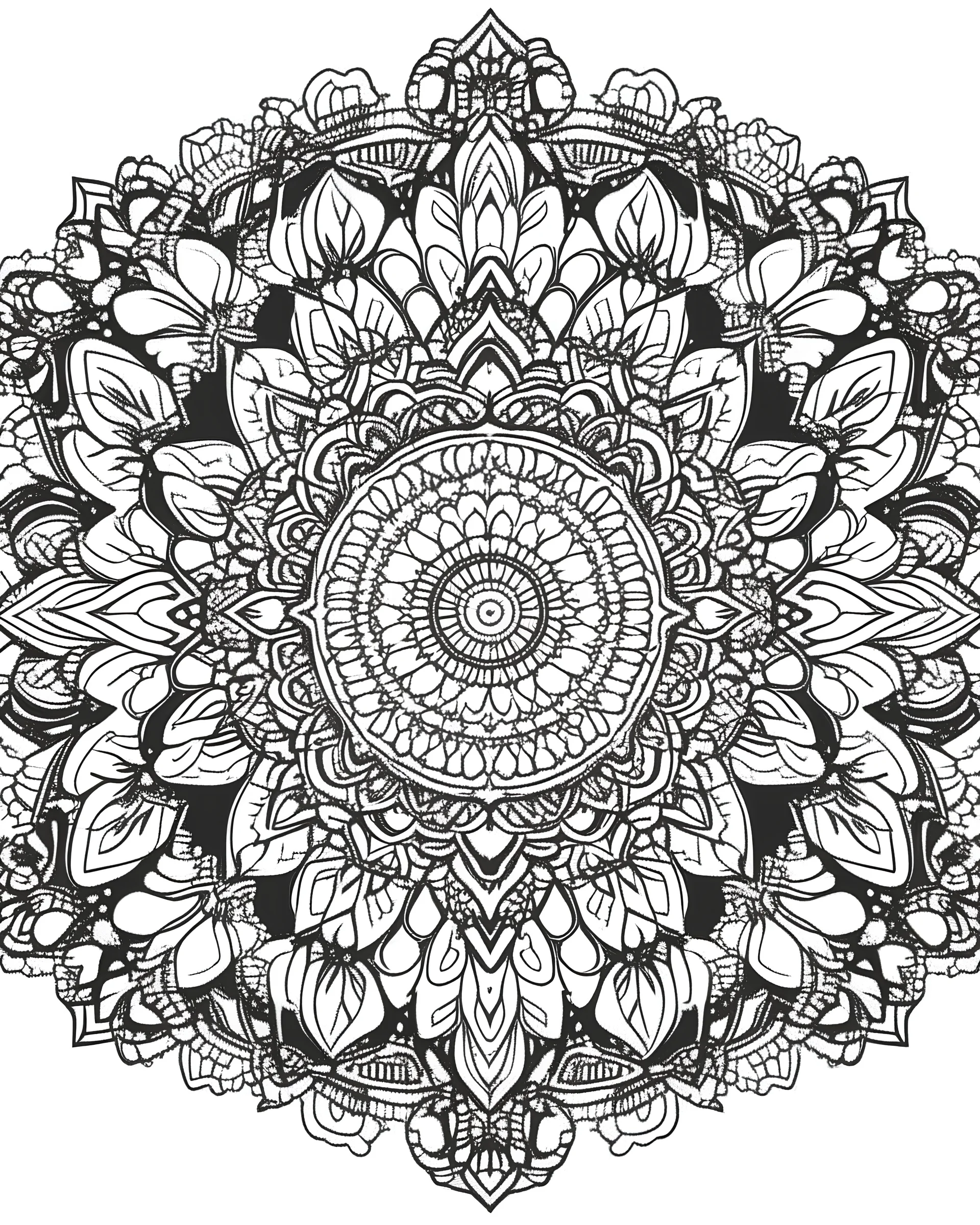 Craft intricate mandala patterns with symmetrical and highly detailed designs coloring page white background, black and white onlyb outline