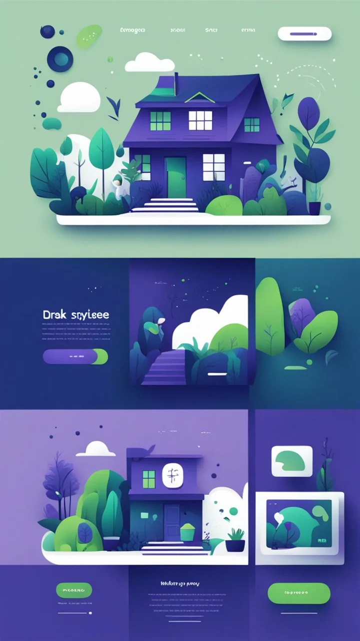 illustrations with a simple art style that show webiste's home page use dark blue-purple and bright green