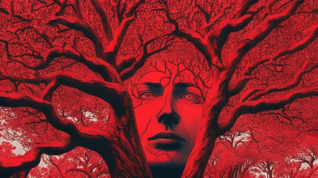 red tree, highly detailed, beautiful desktop wallpaper, comic style, many human faces on tree