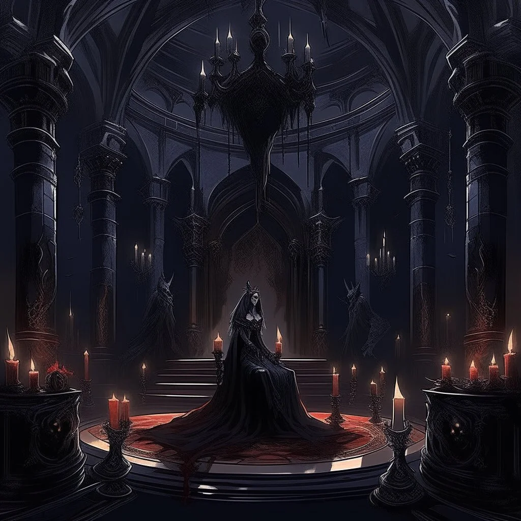 a shadowy throne room adorned with eerie candles and tattered tapestries, where a powerful vampire queen sits upon her throne, surrounded by loyal subjects and lurking threats.