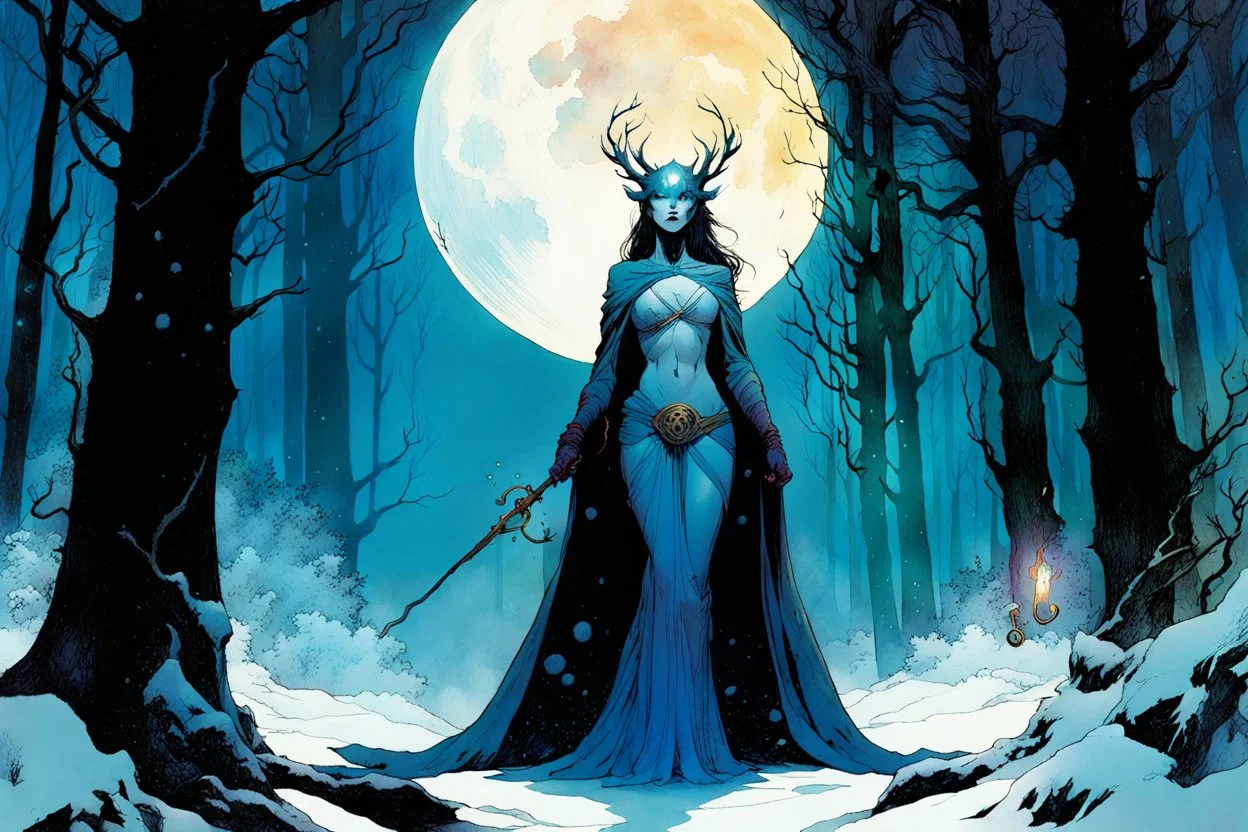 create a wildly conceptual full body illustration of sorceress in an ethereal, otherworldly , darkened, ancient winter forest , in the comic book art style of Bill Sienkiewicz, Mike Mignola, Sparth, and Jean Giraud Moebius, finely drawn, colored and inked, suffused with dramatic natural light and shadow under a midnight blue moon