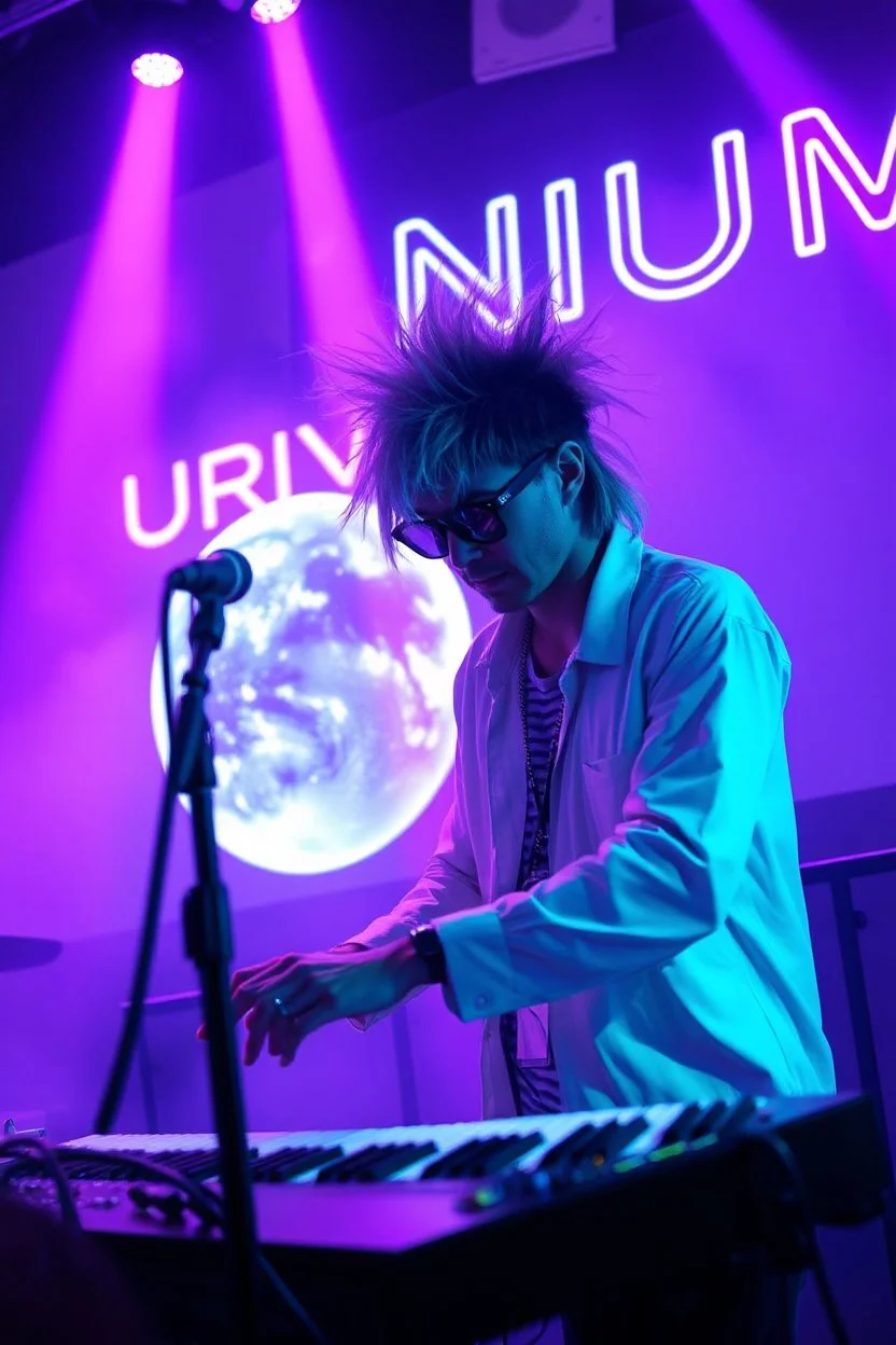 French cool synth player with crazy techno acid hair, he is called "Jean-Maurice Brûlée" performing at dance club, his name is "Jean-Maurice Brûlée" , white and purple Neon lights and purple smog, and "URINIUM" big sign on the wall, he is playing on synthesizers on stage with lot of laser beams and wearing black sunglasses, an earth is projected in background