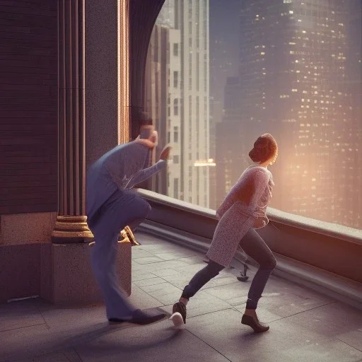 a man pushing a woman over a balcony, downtown new york, dramatic, dramatic lighting, volumetric lighting, hyperrealism, 8k, high quality, photorealistic, lot of details