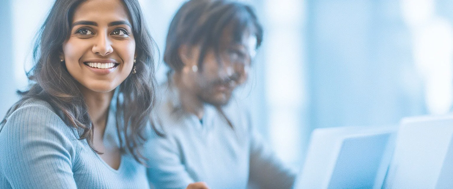 Indian woman sitting at desk with laptop, she looks away from computer and smiles, Indian man in background also sitting at desk working on laptop but blurred, business photography