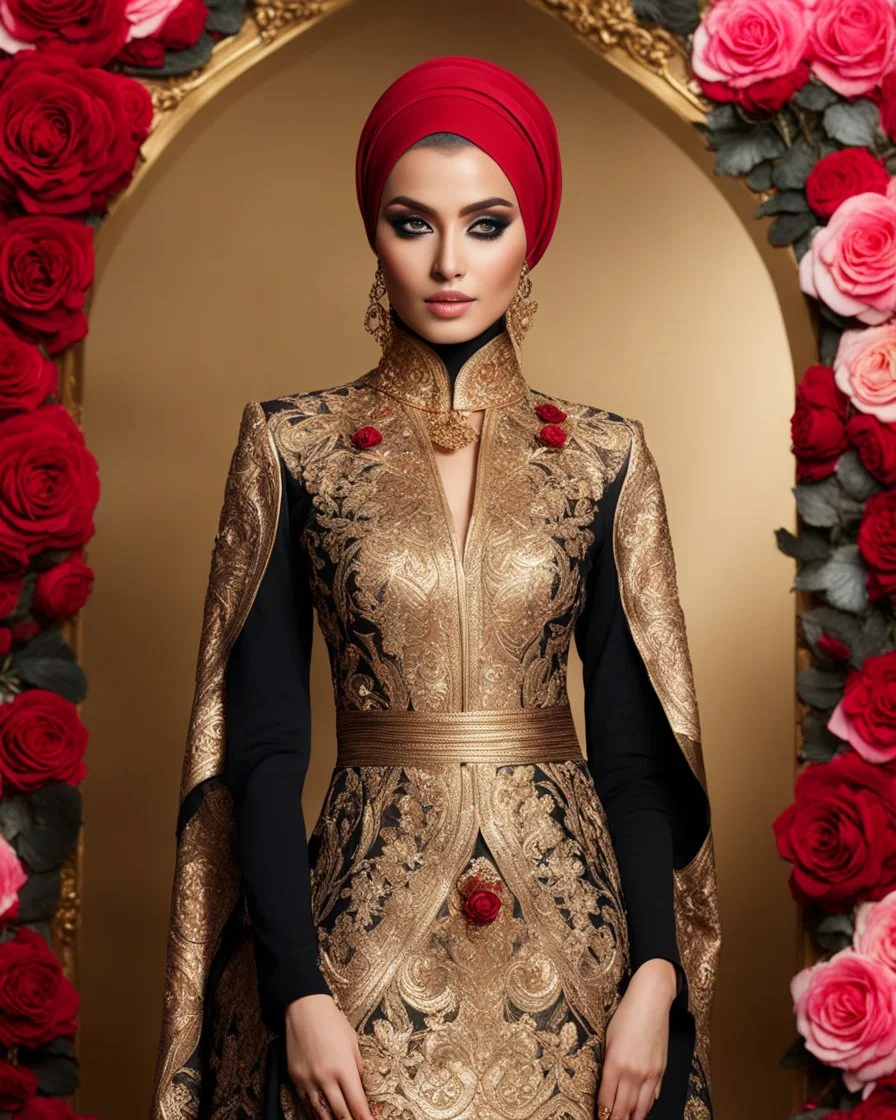 Luxury potrait of a beautiful super model hijab beauty makeup cosmetic,she wearing islamic a luxurious details pattern color gold and black casual jacket with designed large flower details that resemble roses.The dress has an asymmetrical design with one sleeve and a flowing skirt.background of the image shows a red carpet event with floral decorations,close-up portrait