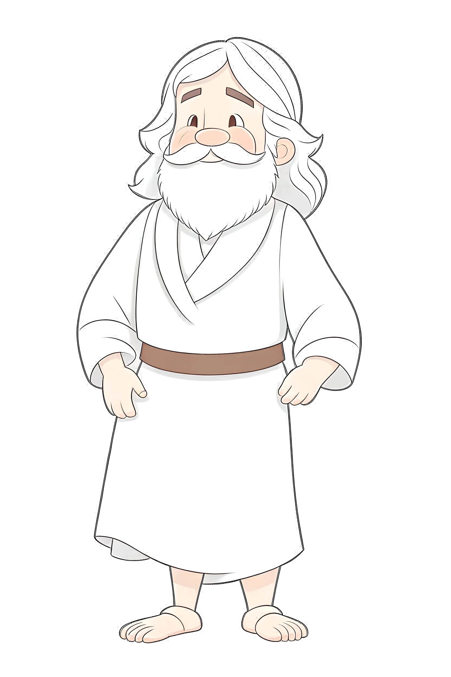 Disney style, white hair, white skin, white beard, coloring book, minimalism, simple lines, white background, STICKER, WHOLE BODY, A CUTE JESUS CHRIST, WAVY HAIR, BEARD, COVERING THE WHOLE BODY WHITE LONG TUNIC, LIGHT DOWN, HAPPY face , A detailed illustration, in the style of Studio Ghibli, 3D vector art, cute and quirky, fantasy art, Adobe Illustrator, hand-drawn, low-