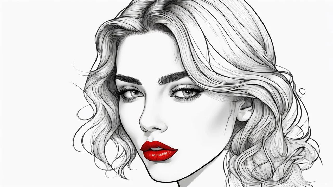 Outline drawing for portrait of a gorgeous and sweet woman, sadness, red lips, man, coloring page, white background, sketch style, use outline only, clean lines, white background, no shadows, clear and well outlined