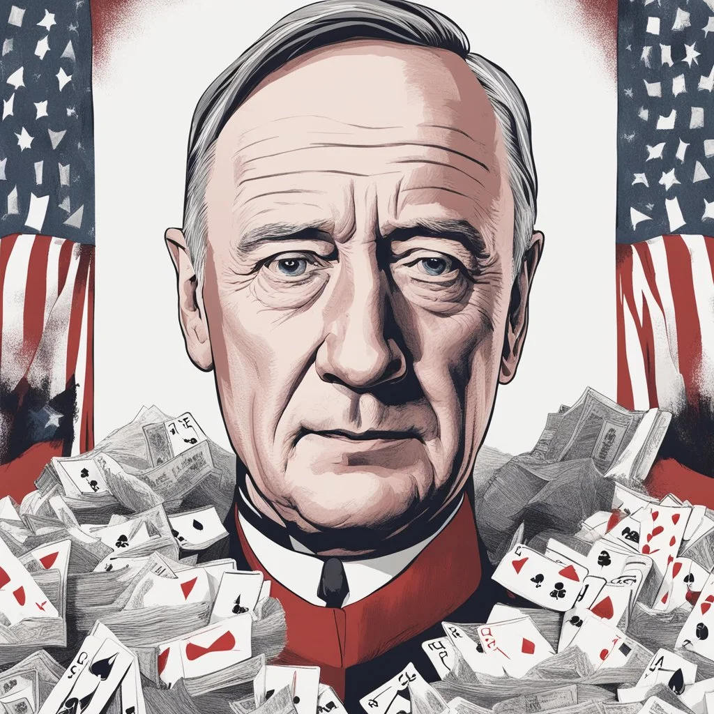 **Cinematic Illustrations:** A seemingly robust house of cards crumbles before our eyes. Each card represents a societal norm or value being eroded by extremist narratives. The scene emphasizes the fragility of peace and the importance of collective action. **Appearance:** cinematic portraits while lacking visuals, aim to be mesmerizing through their metaphorical storytelling, intuitive through clear representation of complex ideas, persuasive through their emotional impact, intriguing through t