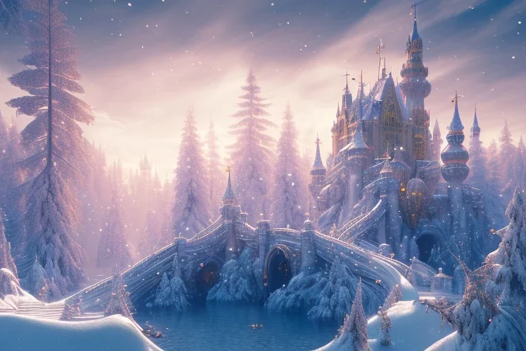 a magic fairy tale style, white and gold castle，waterfall, winter snow flakessnowfull of details, smooth, bright sunshine，soft light atmosphere, light effect，vaporwave colorful, concept art, smooth, extremely sharp detail, finely tuned detail, ultra high definition, 8 k, unreal engine 5, ultra sharp focus