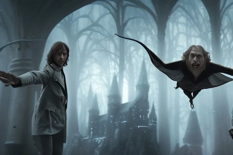 film still harry potter and the order of the phoenix, dynamic lighting, dynamic movement, Sirius Black, Harry Potter, Remus Lupin, magic, 8k resolution, Voldemort, monochromatic, DSLR, panorama, complementary colours, splash of colour, hyperrealism, 8k resolution concept art, intricately detailed