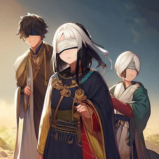 White haired girl with blindfold wearing robes. Boy with black hair in peasant clothes. Include background