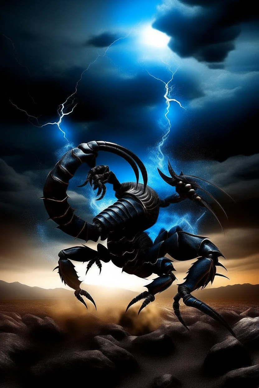 Black Scorpio emblem on a burning landscape background With its Tail curled up behind his back ready to strike and from claws grasping under a storming sky with blue lightening striking around it