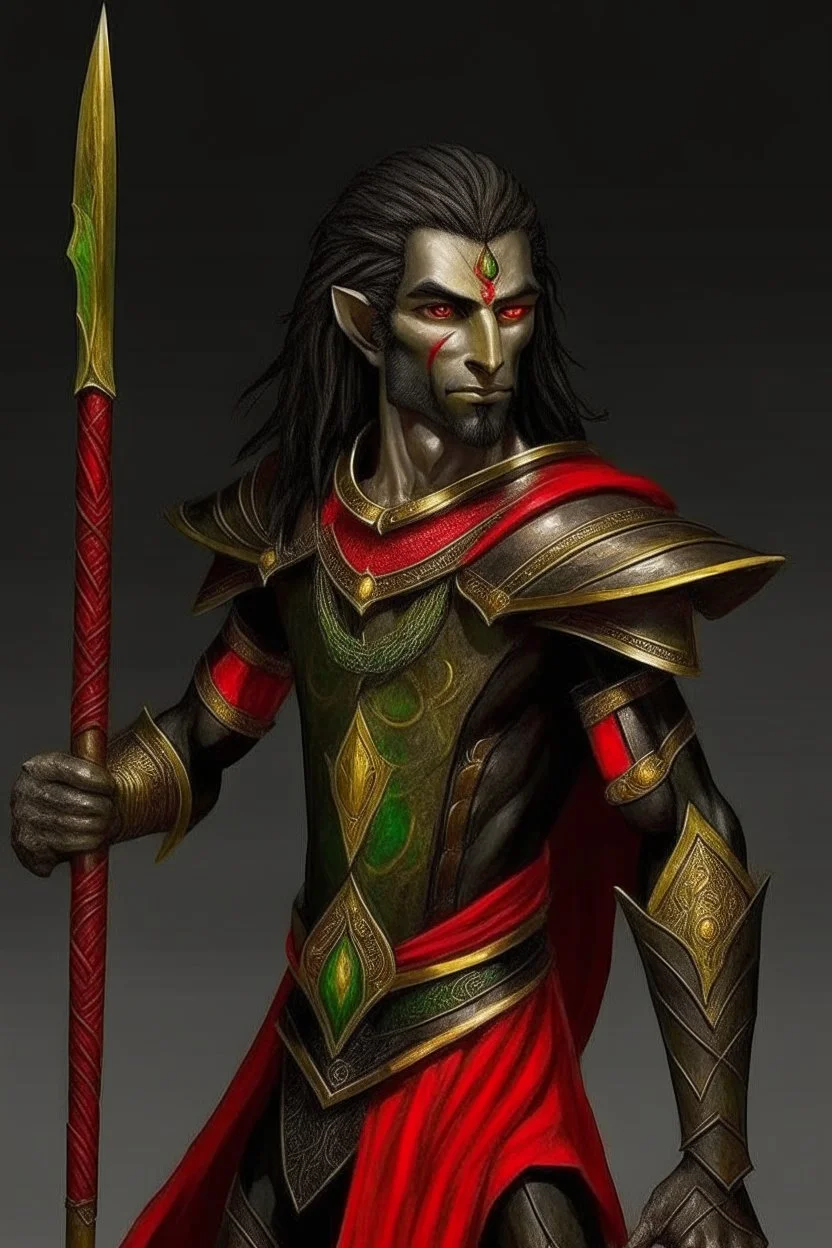 full length, montia, black red with gold lines, holding a spear in his hand