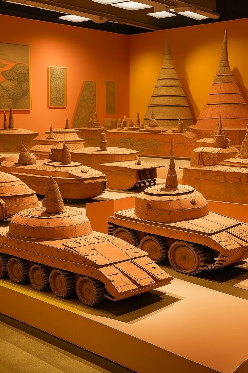 A light rosy orange colored battlefield with tanks designed in African pottery painted by Paul Klee