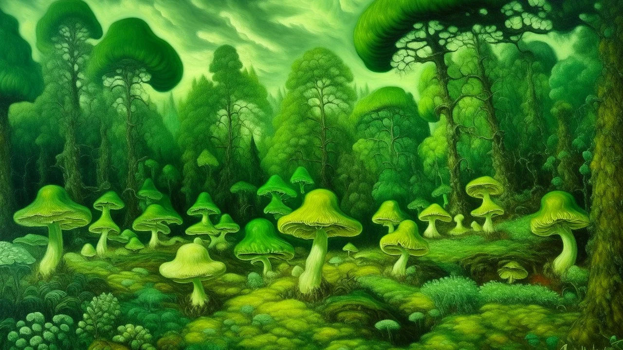 A lime green cloudy forest with puffy mushrooms painted by Vincent van Gogh