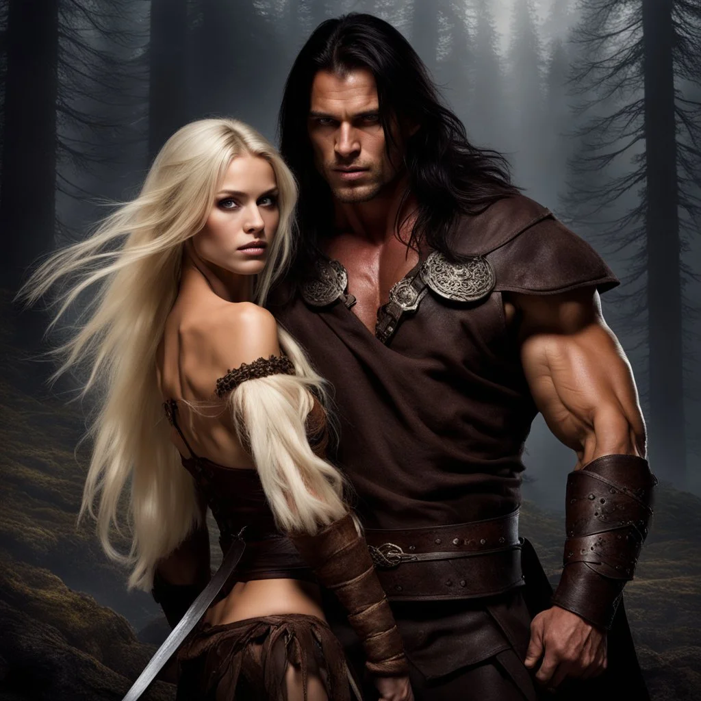 muscular male mountain man with long dark hair with a petit female long blonde hair, dark fantasy,