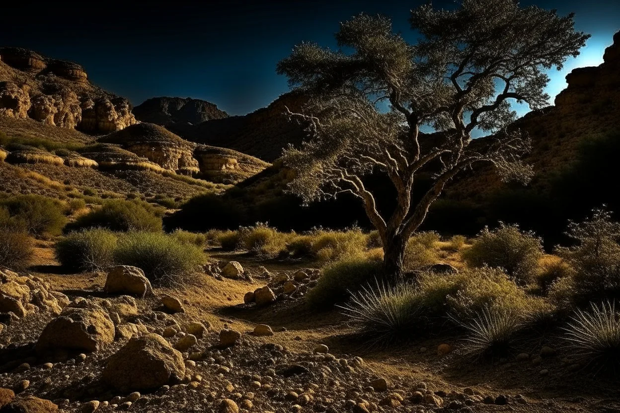 Dry trees, night, arid land, vegetations, rocks, little river, mountains