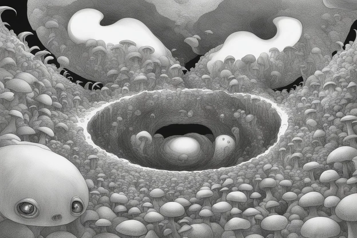 Looking into a black hole, hundreds of huge mushroom-shaped creatures with massive mouths, faceted eyes and tentacles.