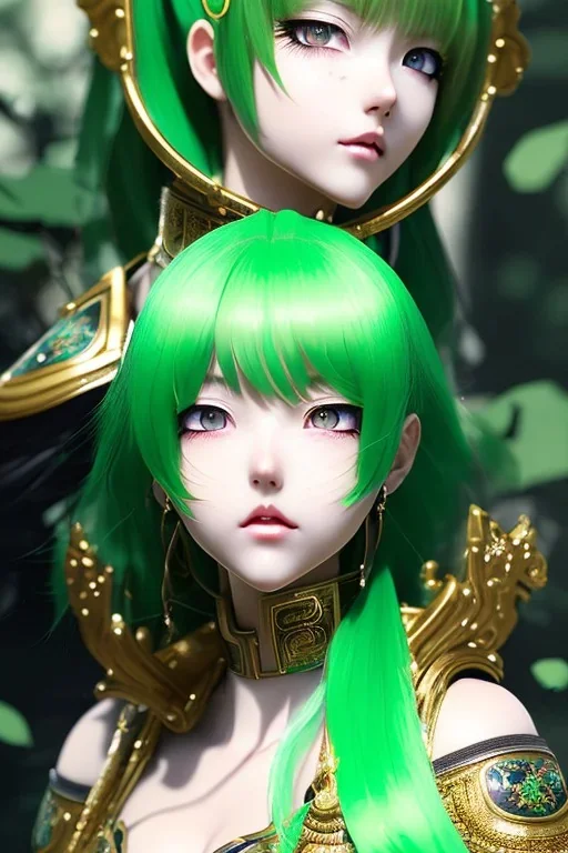 Detailed cute anime Kunoichi girl, green hair buns, green bangs, black latex bodysuit, intricate details, full body portrait, keep head in frame, slight smile, black Japanese motif, concept art, highly detailed, digital painting, concept art, sharp focus, illustration, art by Yoji Shinkawa, WLOP and greg rutkowski and alphonse mucha and artgerm and yanjun Chen and Junji ito and Makoto Shinkai, HDR, octane render