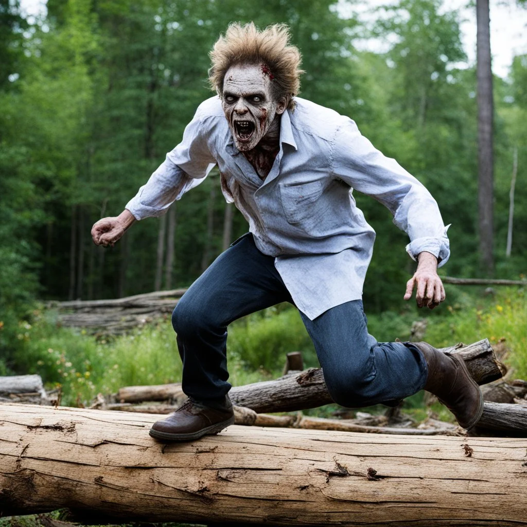 Timothy Carey as a zombie, jumping on a log