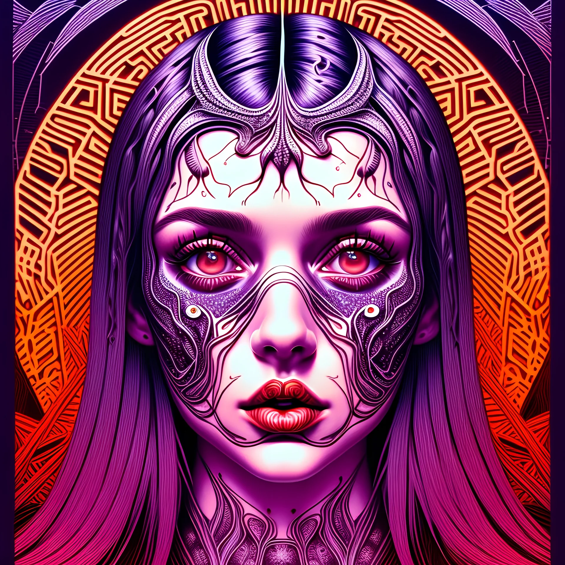 singer Danish MØ face, hyperdetailed, intricately detailed, illustration by <kilian eng>, purple tones, darkred tones,