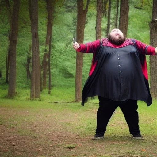 fat guy throwing knives, while wearing a poncho, has light facial hair