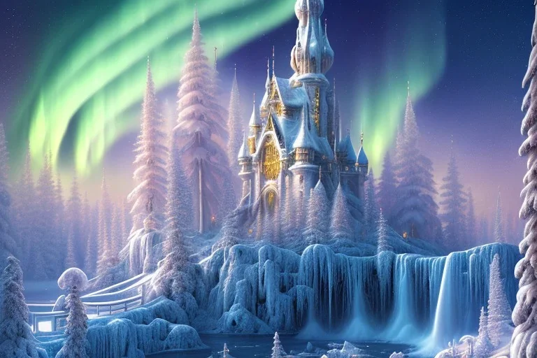  white and gold crystal castle，waterfall, winter snow flakessnow, northern Lights, full of details, smooth, bright sunshine，soft light atmosphere, light effect，vaporwave colorful, concept art, smooth, extremely sharp detail, finely tuned detail, ultra high definition, 8 k, unreal engine 5, ultra sharp focus