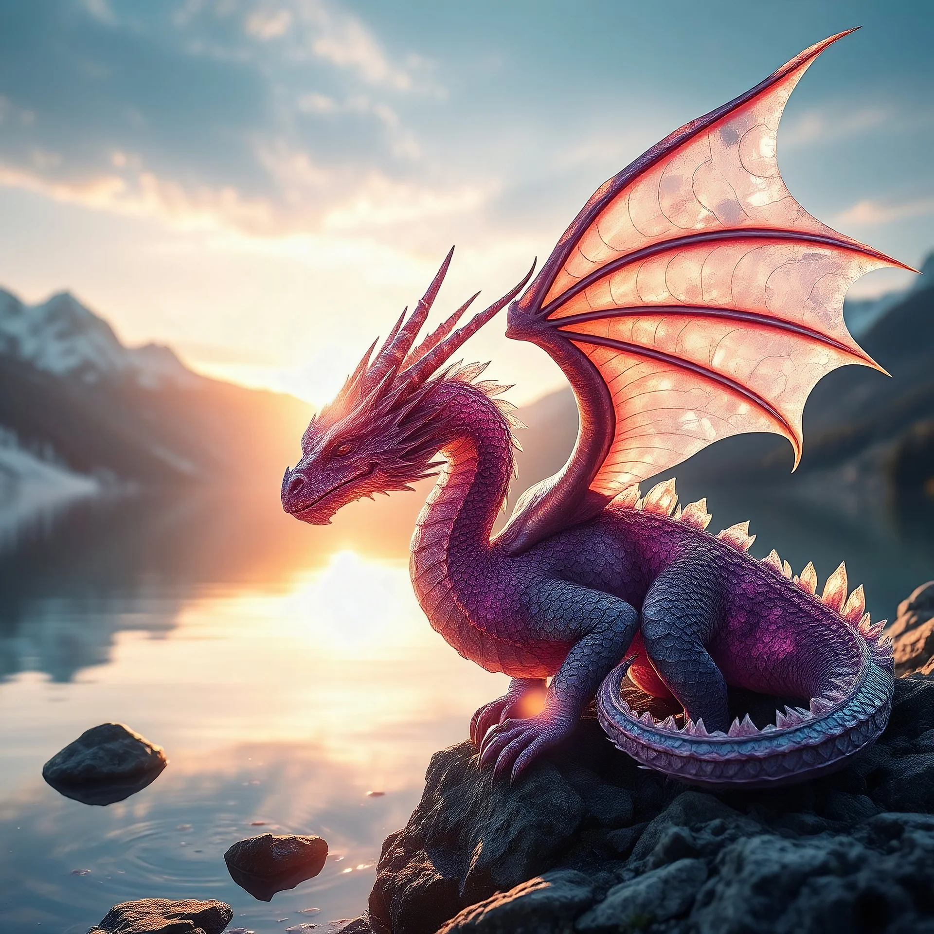 Award-winning Ultra-realistic fantasy wildlife photography of a majestic crystal dragon resting beside a pristine alpine lake, breathtaking gemstone scales reflecting dramatic sunrise light, extraordinary realism, captured as if photographed in the wild by a National Geographic photographer, cinematic atmosphere, ultra detailed, masterpiece,, 64k