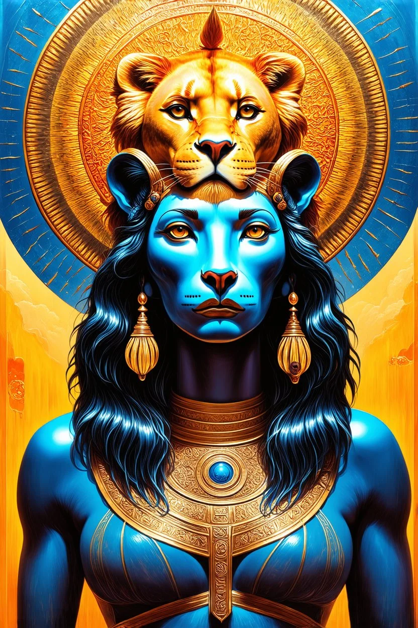 Sekhmet with head of lioness and a sun disk and uraeus on her head; neo-surrealism