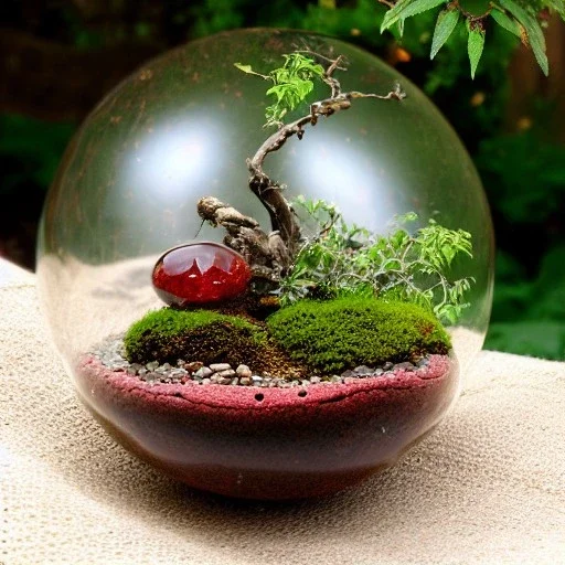 exquisite red maple bonsai terrarium in a glass orb, petrified wood, pebbles, dewdrops, dappled sunlight, linen backdrop