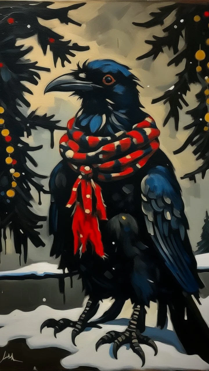 An oil painting by Miyazaki and Matisse of a human-like crow adorned in a punk leather jacket within a snowy Christmas atmosphere.