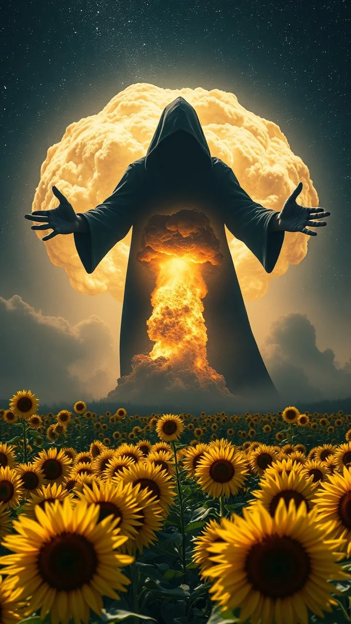 A field of random sunflowers with bright lighting , at the end of the picture is a dark with stars sky background the universe with a huge nuke explosion behind the explosion a very large open arms dark scary shadow of a black hooded creature