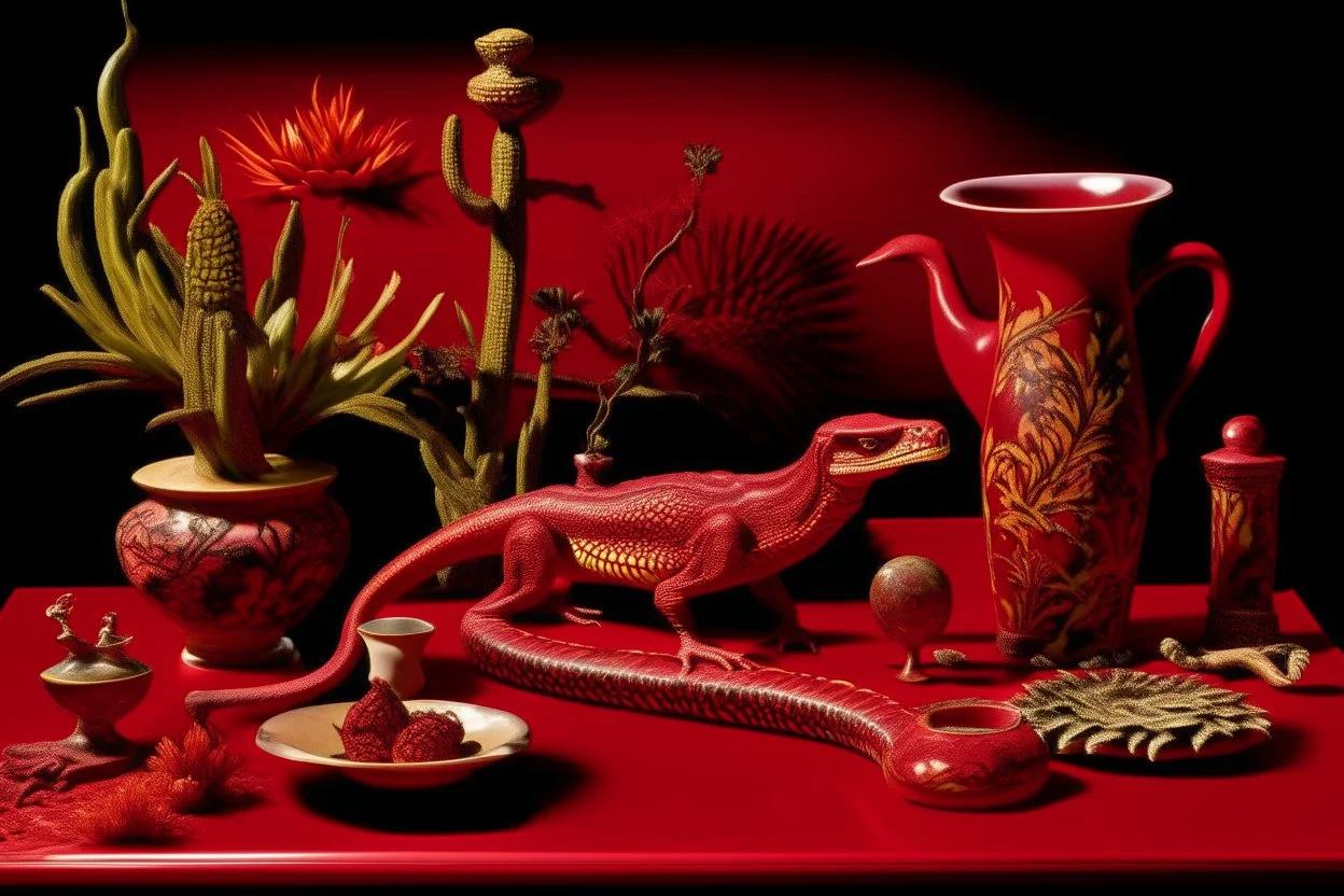 A dark red desert with reptiles designed in ancient Greek pottery painted by Andy Warhol