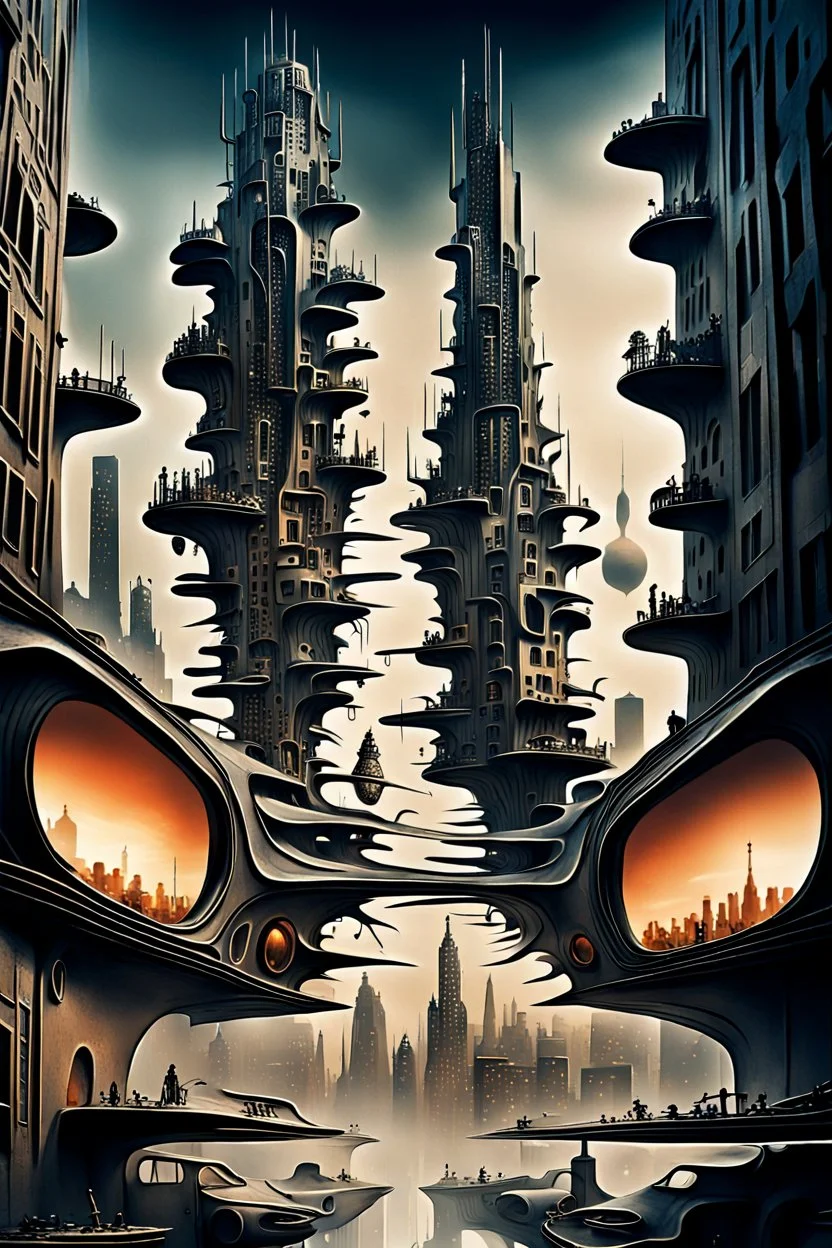 a stunningly weird image of a futuristic metropolis using Salvador Dali's paranoiac-critical method, where buildings and structures appear to melt into the skyline cityscape is filled with floating mad, twisted sharp metal shapes that interact with the buildings and each other, forming a surreal tableau of a dreamlike reality. neu-steampunk vibe, essence of the scene in a cinematic manner, with dramatic shadows that enhance the distorted perspectives and bizarre