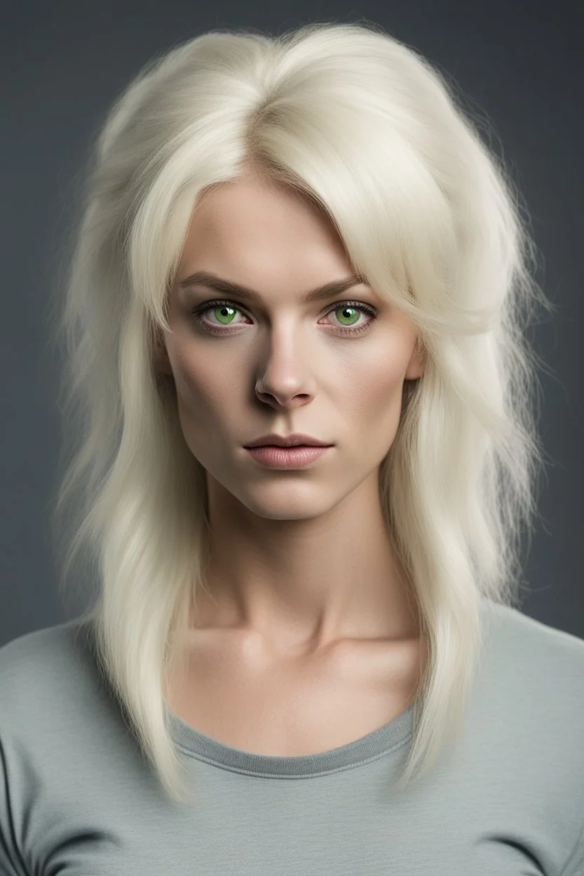 A portrait of an attractive stern polar bear gremlin woman with wig, shoulder-length blond hair tied in a tight knot, pale skin,light green eyes, muscular build, wearing grey t-shirt