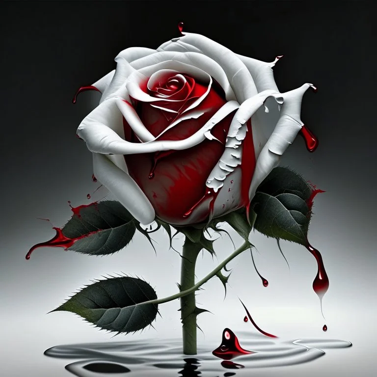 A white rose bleeding red blood from its stem