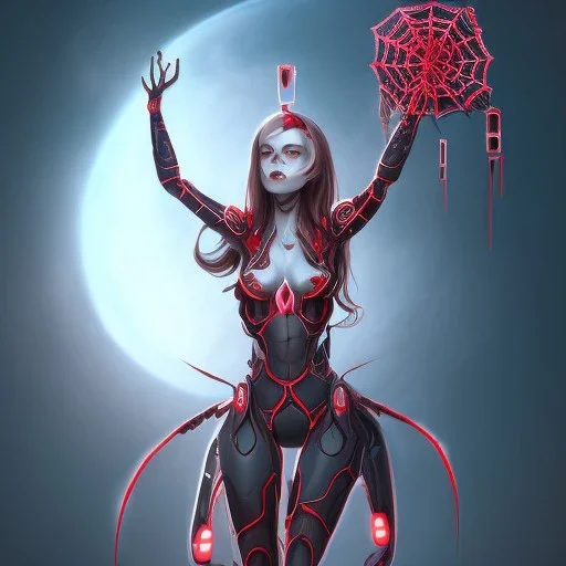 spider goddess, cute cyborg, red, black, star background