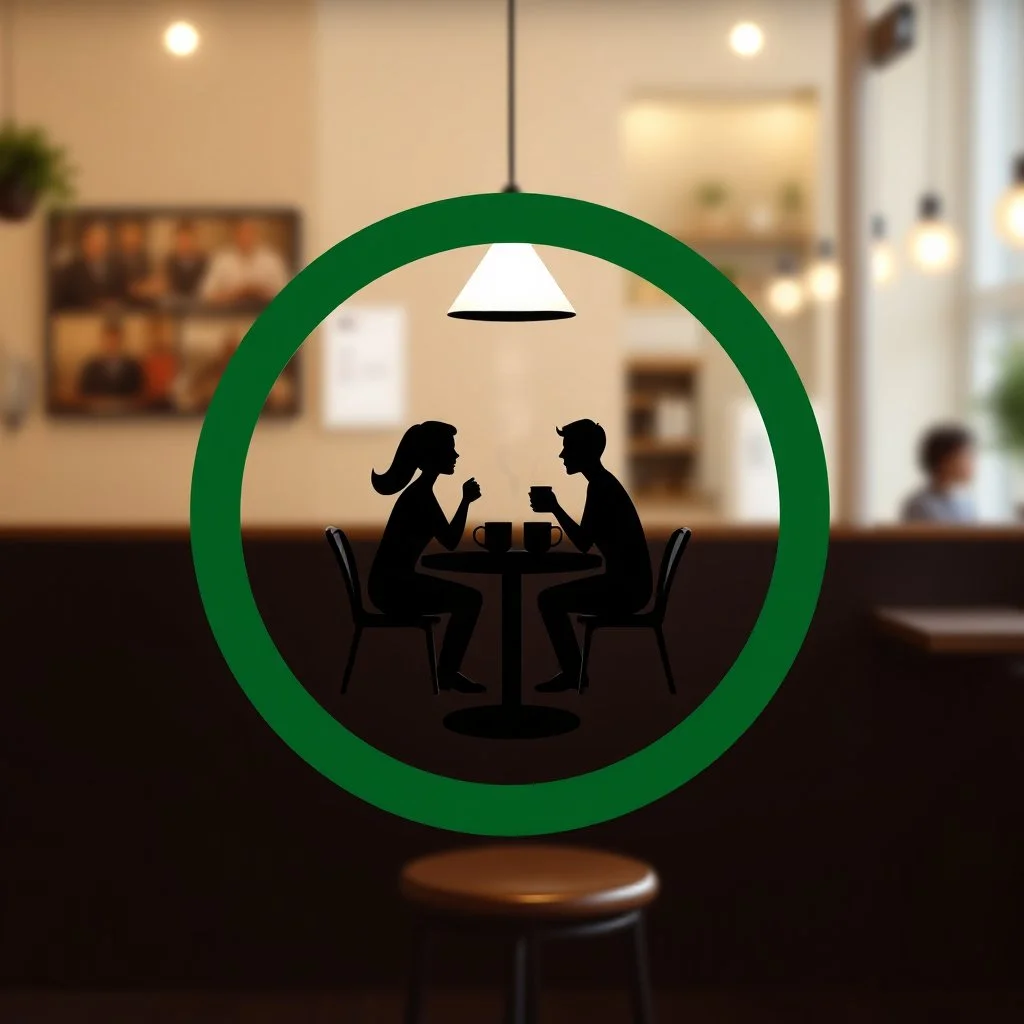A circular logo with a special green border color, in the center of which are two people sitting around a table drinking coffee, and the cafe light above the table is on, in the space of a special and beautiful cafe.