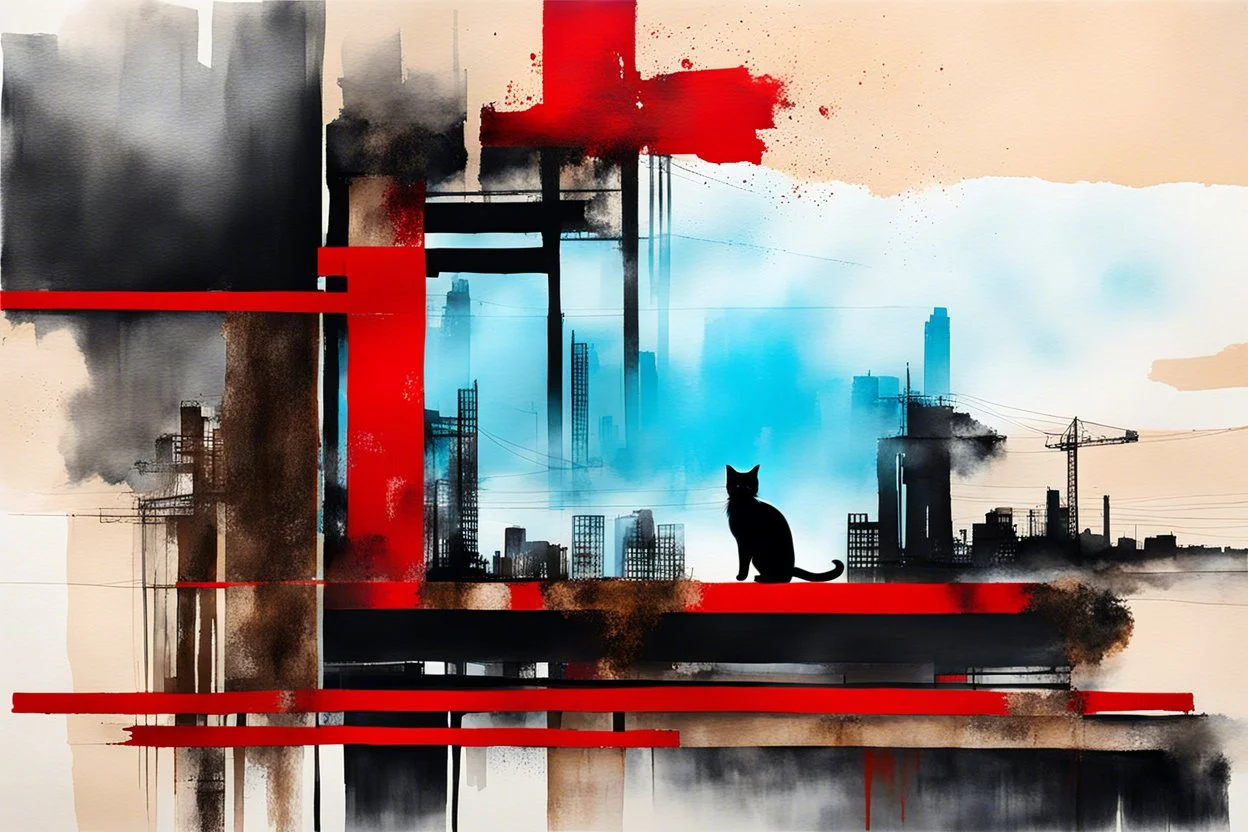 double exposure ink painting of urban decay with double exposure abstract ink painting of walking rusty scrappy red (mechanical:1.7) cat, pseudo photo-realism, negative space, liminal space, liminal vibe, amazing reflections, excellent parallels, great verticals, juxtaposition shock, wet print, ink leak, colors of light sky blue and beige and black, text on wall: "FEAR THE GEAR"