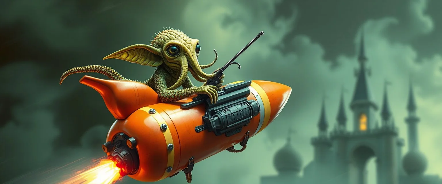 hairy macho gremlin octopus lizard aliens living in a hi tech marvellous hot dog rocket with a mounted sling shot, heading for venus stone castle, background motion blur and smoke swirls