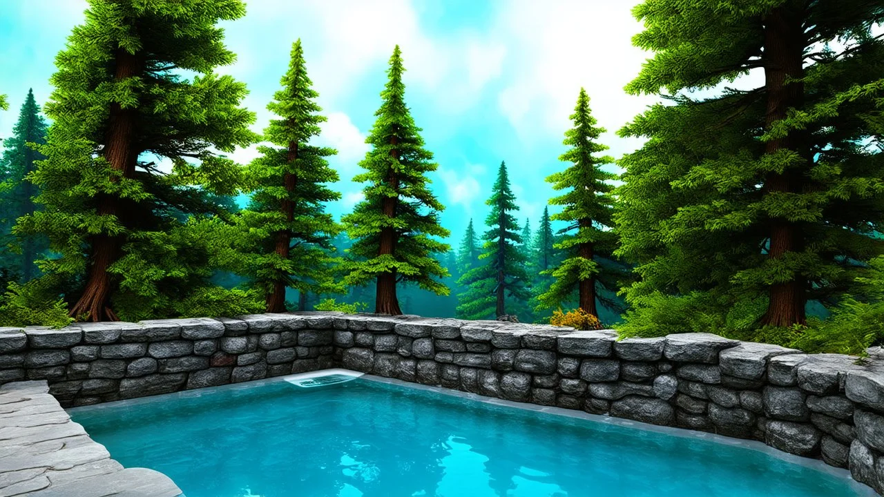 very high stone wall in fir tree forest with small pool of water in front in digital art