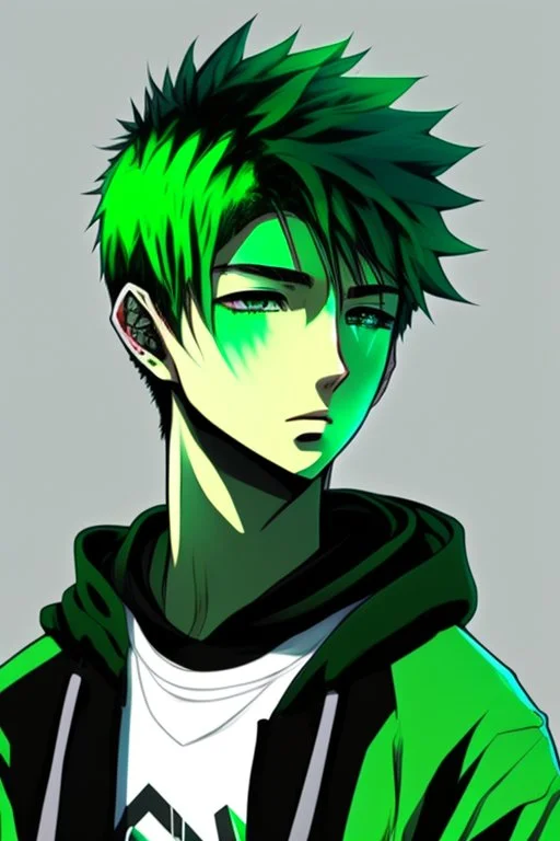 Anime young man with green hair wearing a black hoodie realistic