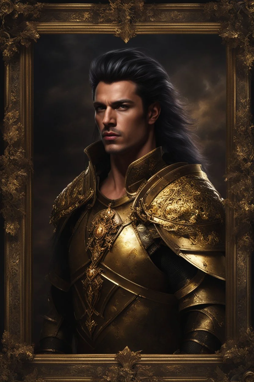 Gothic Gold framed painted portrait of a very handsome and muscular warrior King wearing a small gold crown. His hair is long and dark and he has dark eyes, dak fantasy