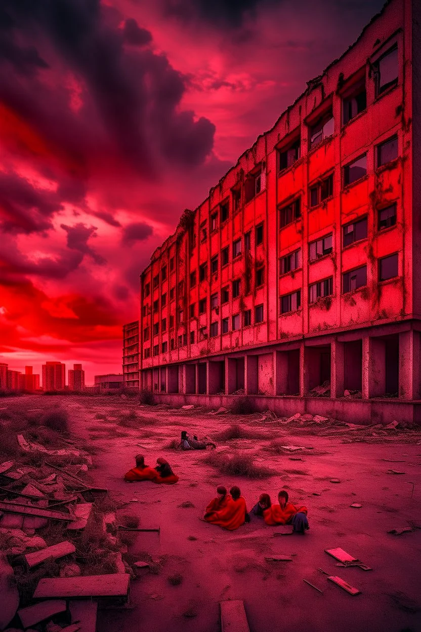 Abandoned districts building in a big City, red clouds in the sky with huge amount of dead children laying on the ground