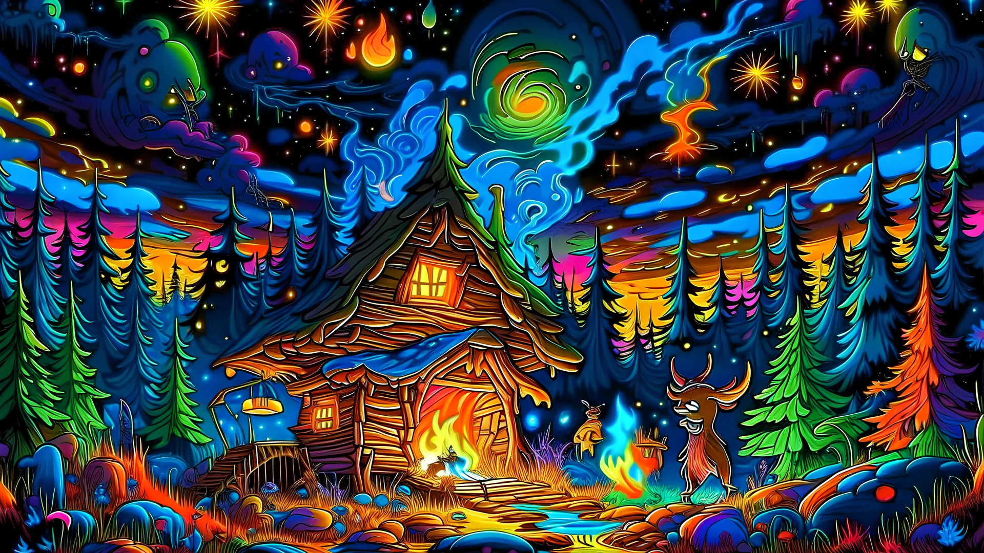 a neon psychedelic cabin all alone in the vast wilderness. smoke coming from the chimney. mushrooms scattered all around the cabin! rare animals around and a gorgeous neon sky. millions of tiny stars in the night sky. a cozy warm feeling. Gnomes, bears, owls, fox.neon streaks across the nebulous sky. a campfire surrounded by mushrooms and Fairys. fireflies all around glowing.