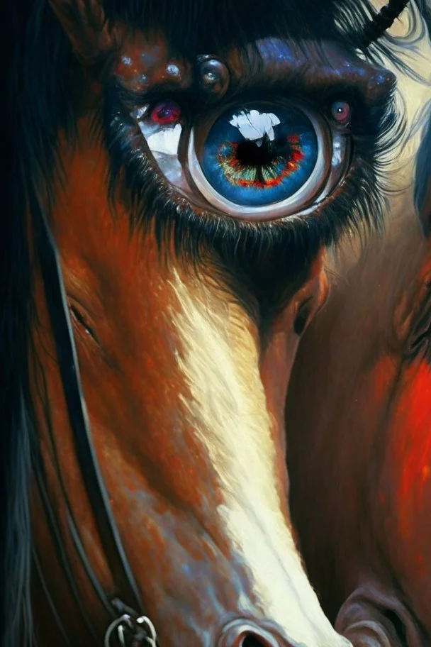 Demon Horse ,cute, big eyes, reflection in eyes, magical,whole body, Art by Norman Rockwell, digital art, trending on artstation, high contrast, deep color, magical, beautiful