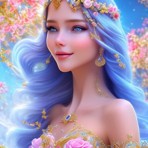 Beautyful smiling young woman, long hair amazing blue eyes, flowers, happy cosmic, bright colors, blue, pink, gold, jewels, realistic, photo real, clear sunny background, highly detailed, high contrast, 8k high definition, unreal engine 5, extremely sharp detail, light effect, sunny light background