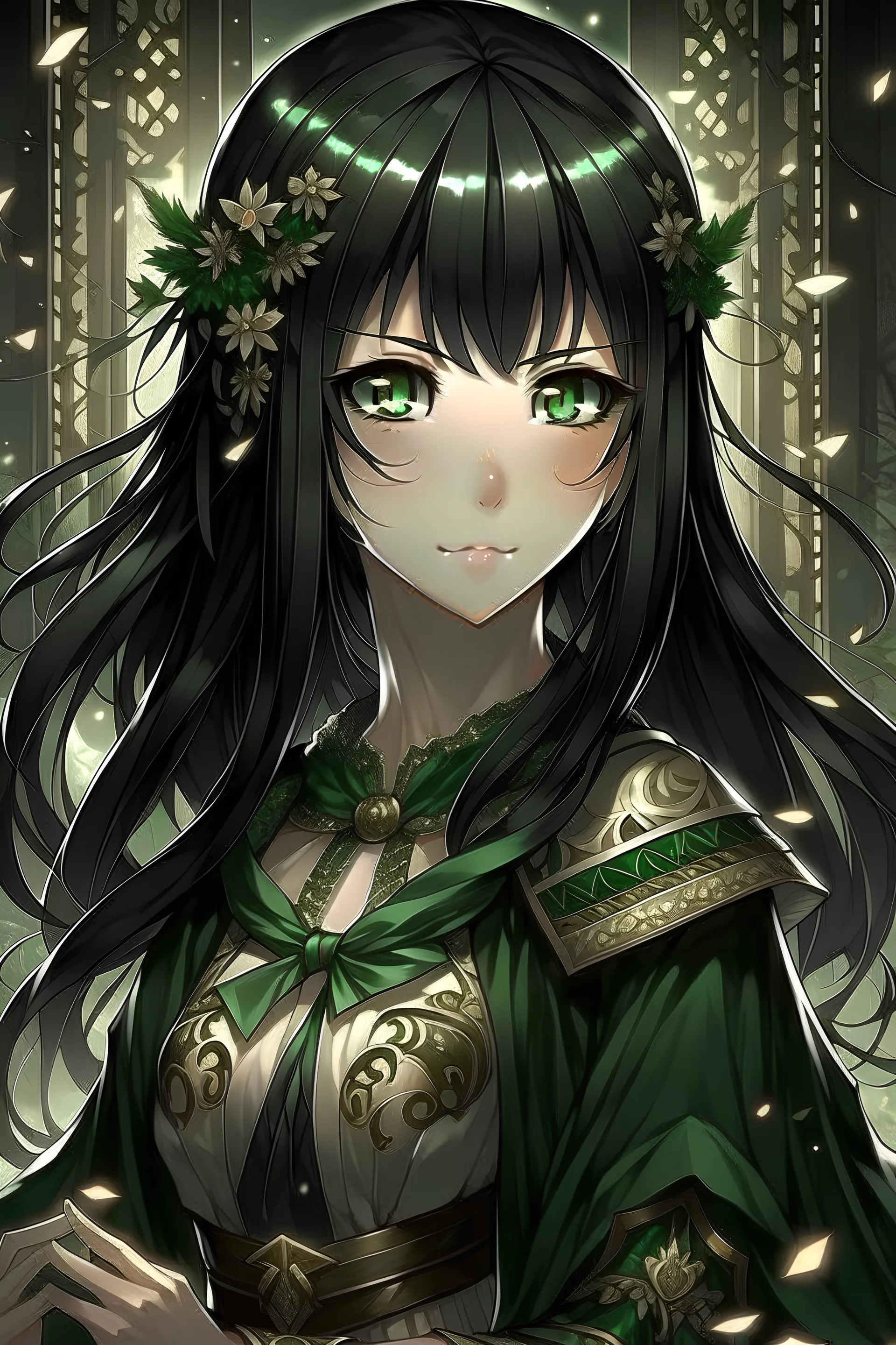 1girl, anime, black hair, green eyes, fantasy clothing, full size